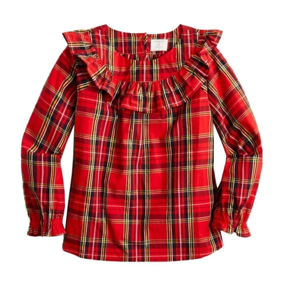 ❤️ CREWCUTS Kids Girls' ruffle cotton poplin top in tartan Blouse Size L